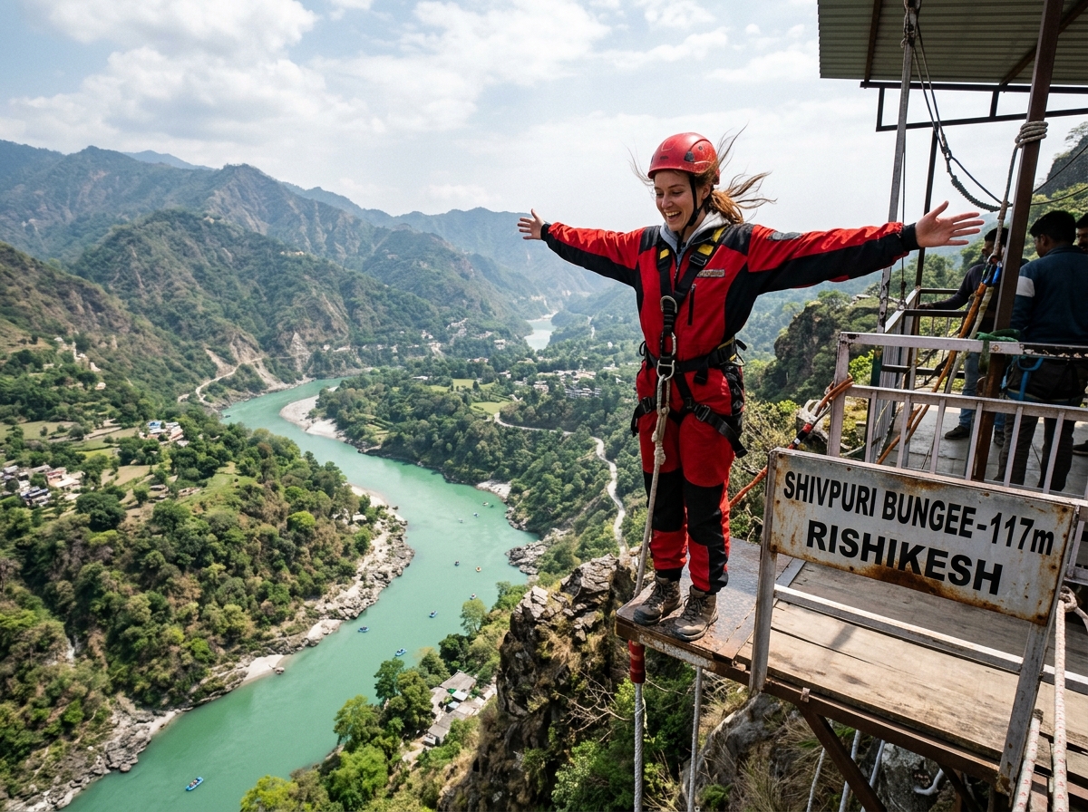 Woman in safety jumpsuit arms wide on the 117 m Himalayan Bungy cliff edge, Ganga river bend below, Shivpuri