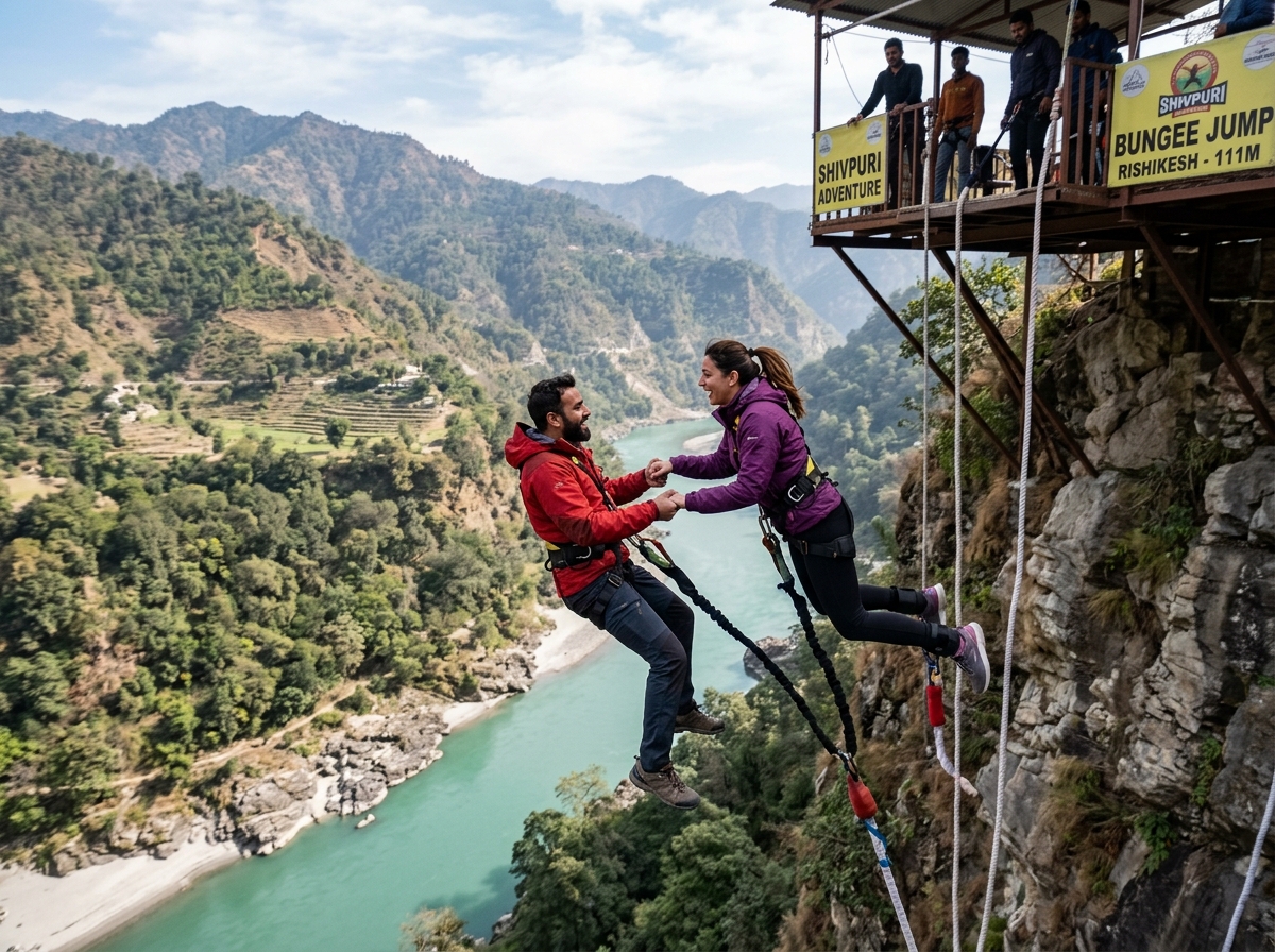 Couple doing a tandem bungee jump hand-in-hand from the 111 m Himalayan Bungy platform at Shivpuri