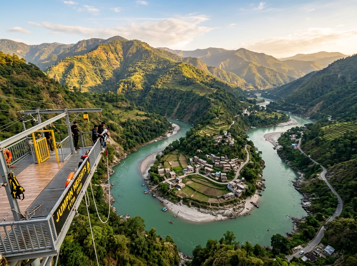 Scenic view from the Himalayan Bungy platform looking over the Ganga river bend and village below at sunset