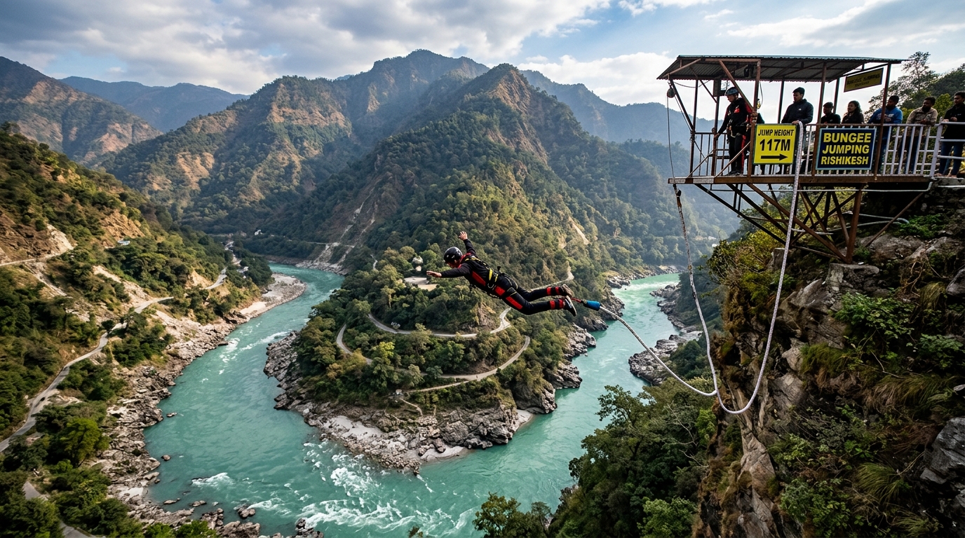 Bungee jumper freefalling from the 117-metre Himalayan Bungy cliff platform above the Ganga at Shivpuri, Rishikesh