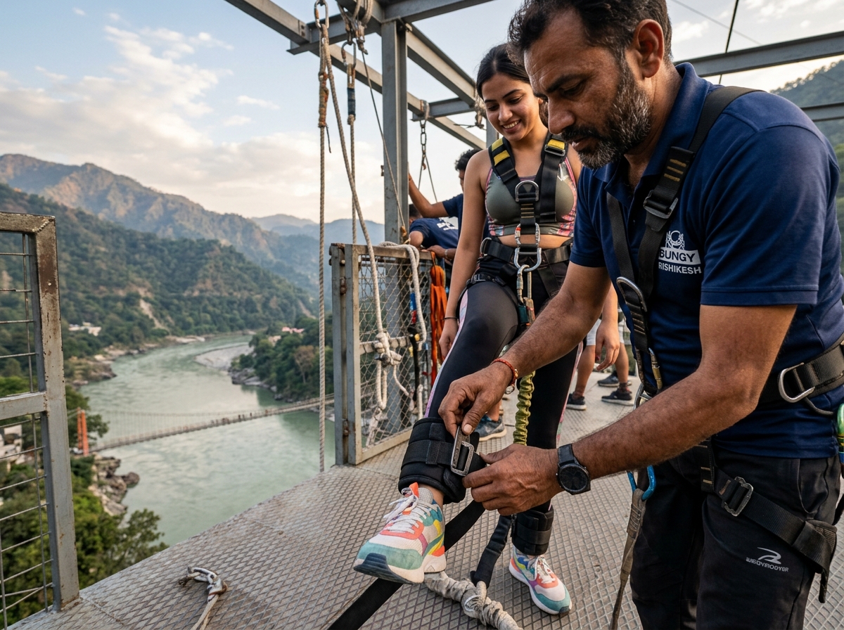 Jump master fastening ankle harness on the Jumping Heights platform, Ganga gorge visible behind