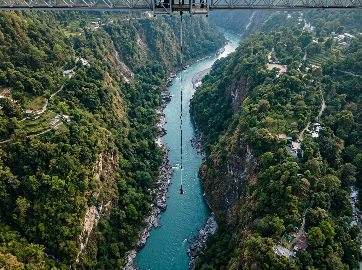Aerial view straight down from 83 m — bungee cord hanging above the turquoise Ganga gorge, Mohanchatti