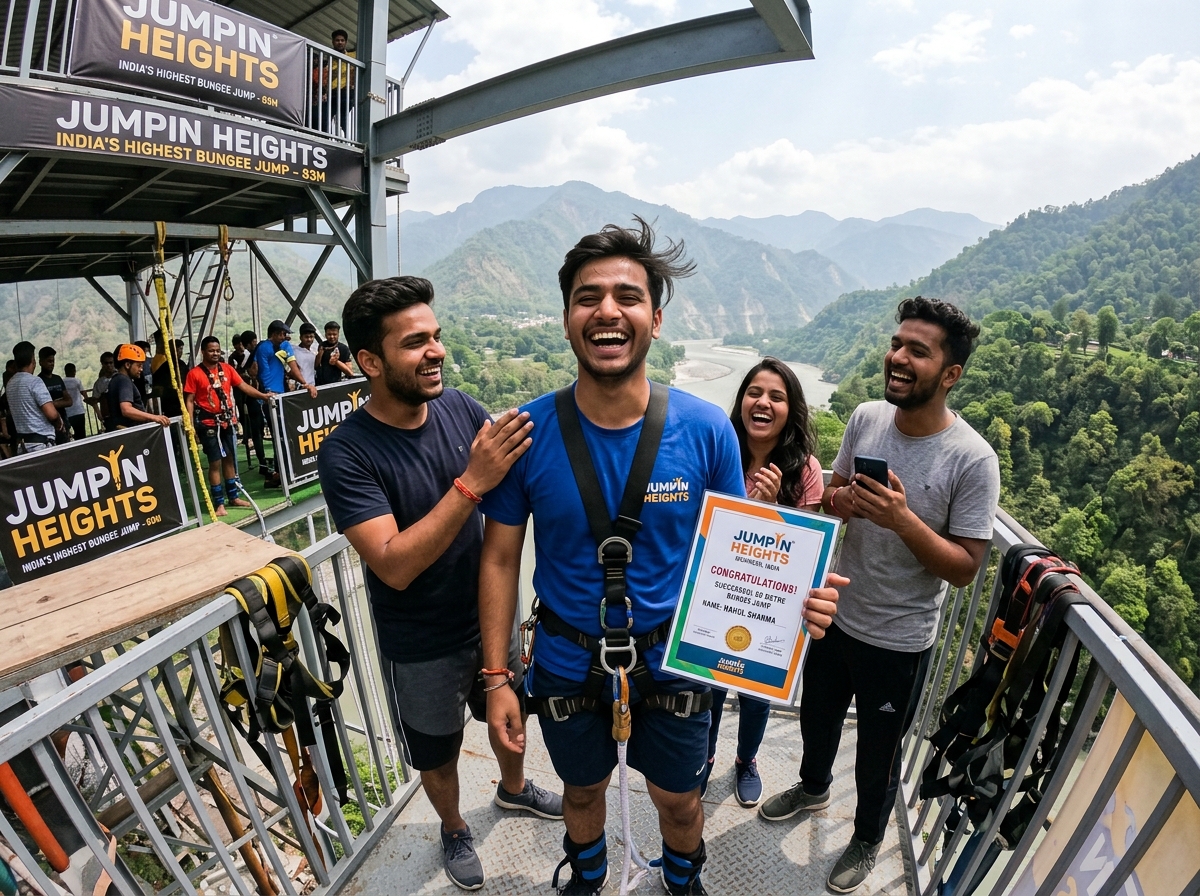 Jumper celebrating with friends, holding jump certificate on Jumping Heights platform