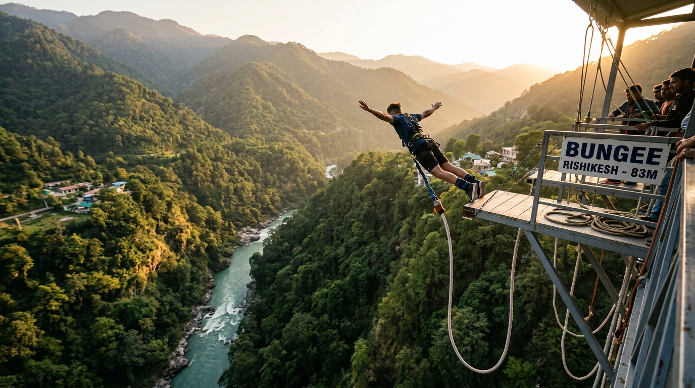 Jumper launching from the 83-metre Jumping Heights platform at Mohanchatti above the Ganga gorge, Rishikesh
