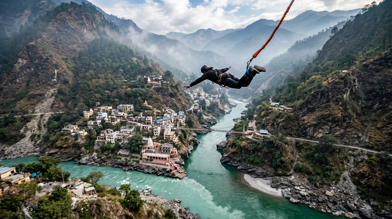 Bungee jumper freefalling 219 metres above the confluence of the Bhagirathi and Alaknanda rivers at Devprayag, where the Ganga begins