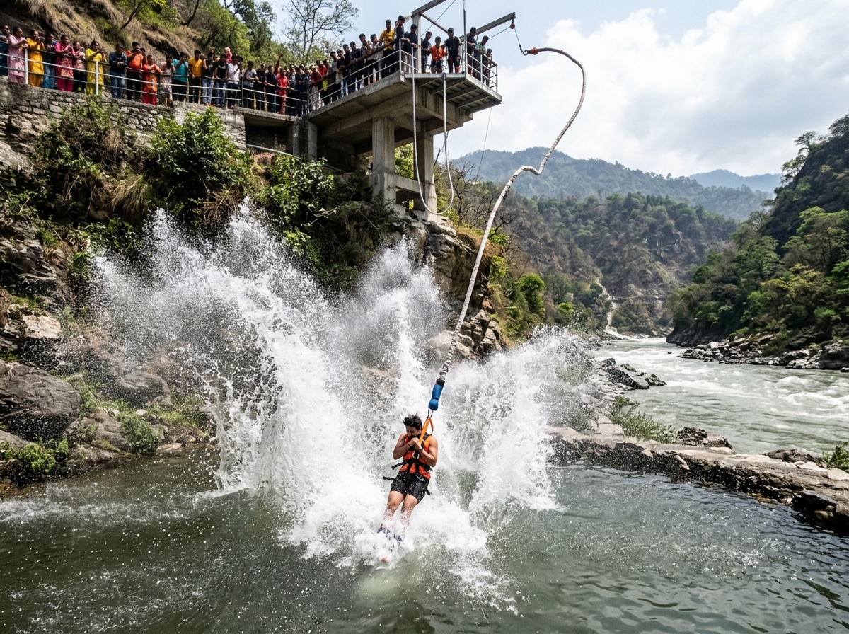 Bungee jumper hitting the Splash Bungy water pool with enormous spray, crowd watching from platform above