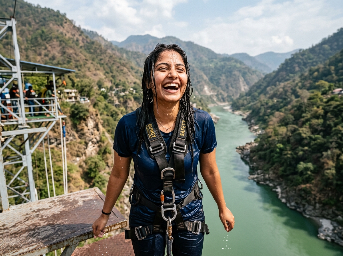 Drenched laughing young woman after Splash Bungy water splash, Ganga valley behind her, Shivpuri