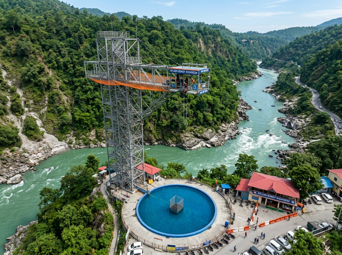 Drone view of Splash Bungy tower and circular splash pool beside the Ganga rapids, Shivpuri