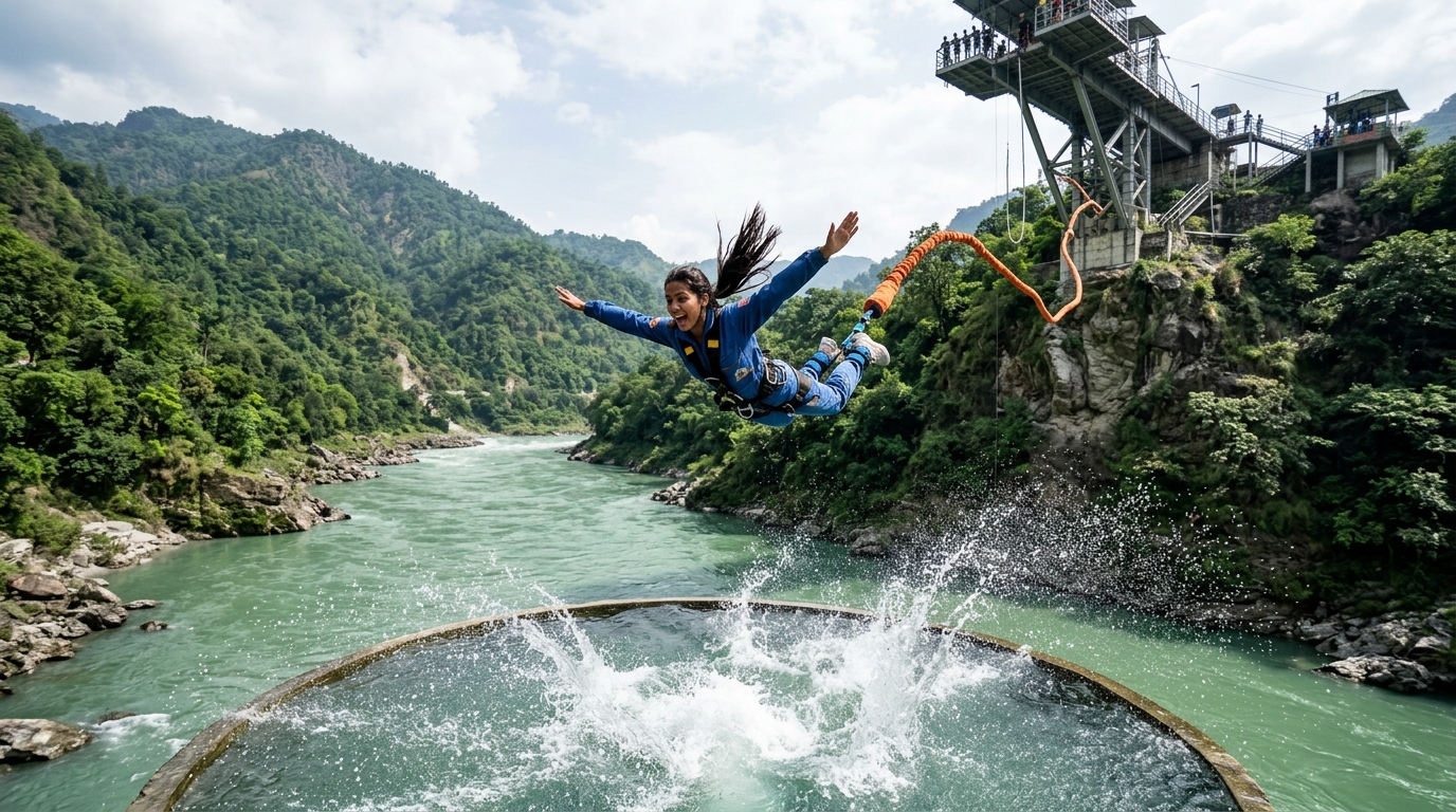 Jumper rebounding above the water splash pool after a 109-metre Splash Bungy freefall at Shivpuri, Rishikesh
