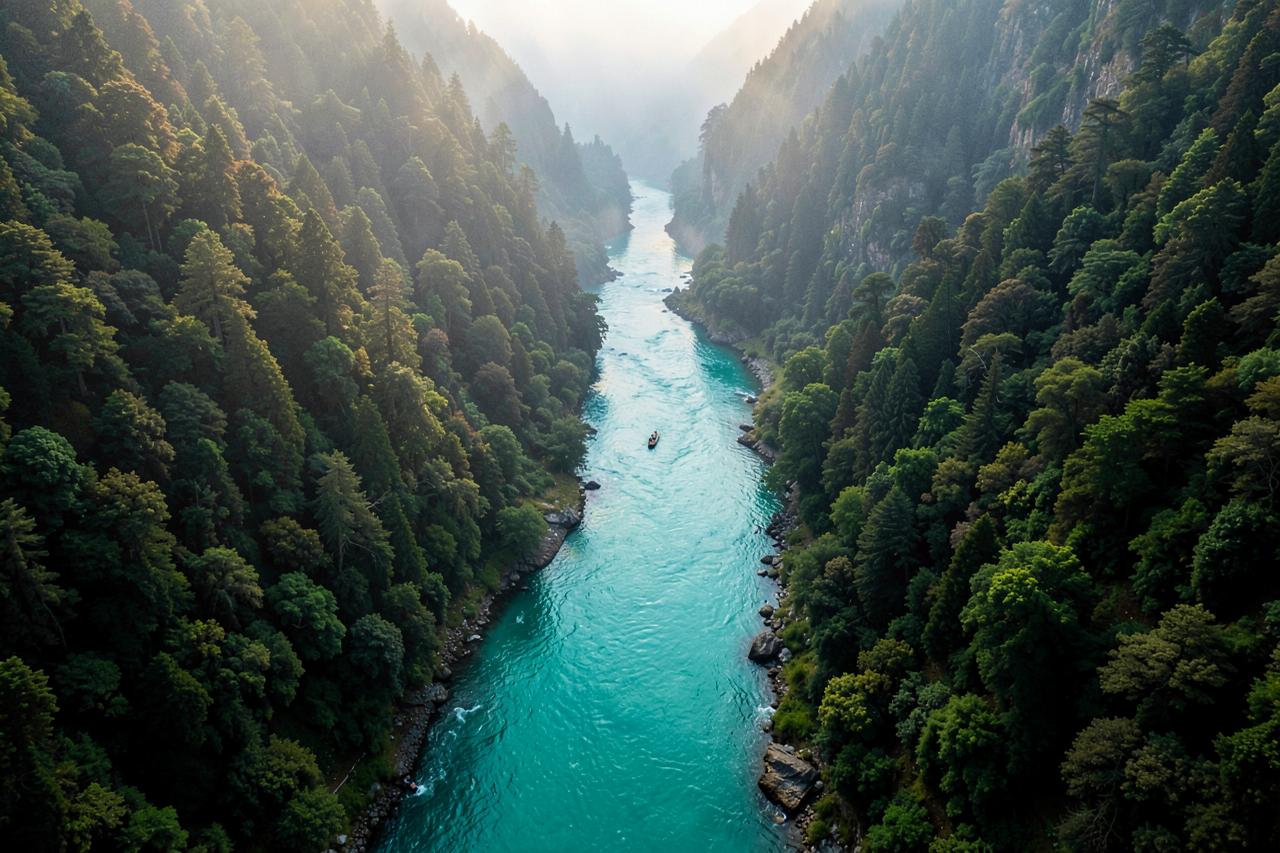 Aerial view of the Ganga cutting through the forested gorge above Kaudiyala