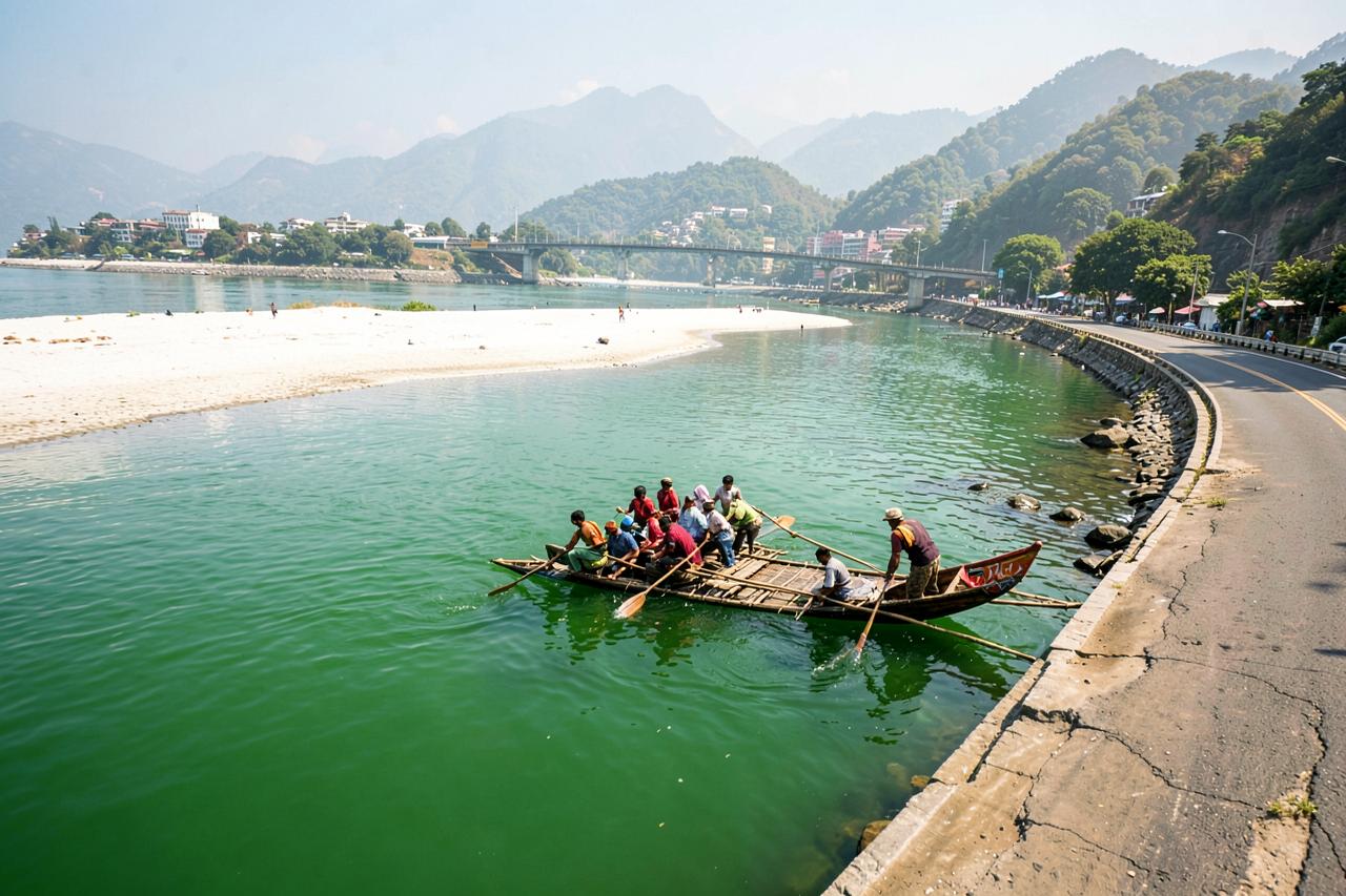 Raft on the green Ganga beside the curving Marine Drive road and white sand beach